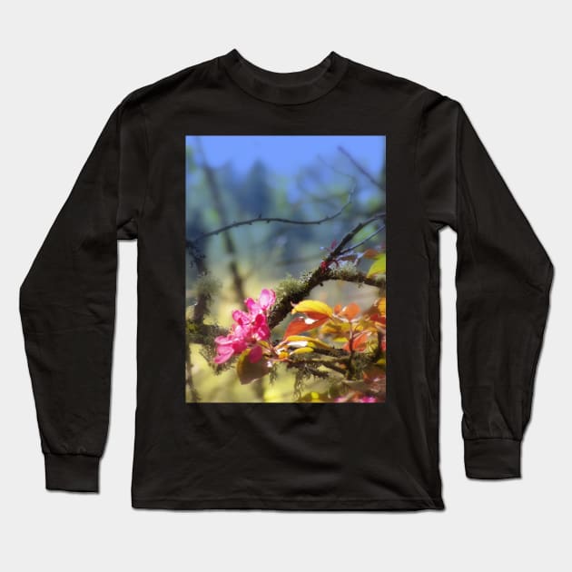 red Malus 'Radiant' crab apple blossoms #10, blue tint Long Sleeve T-Shirt by DlmtleArt